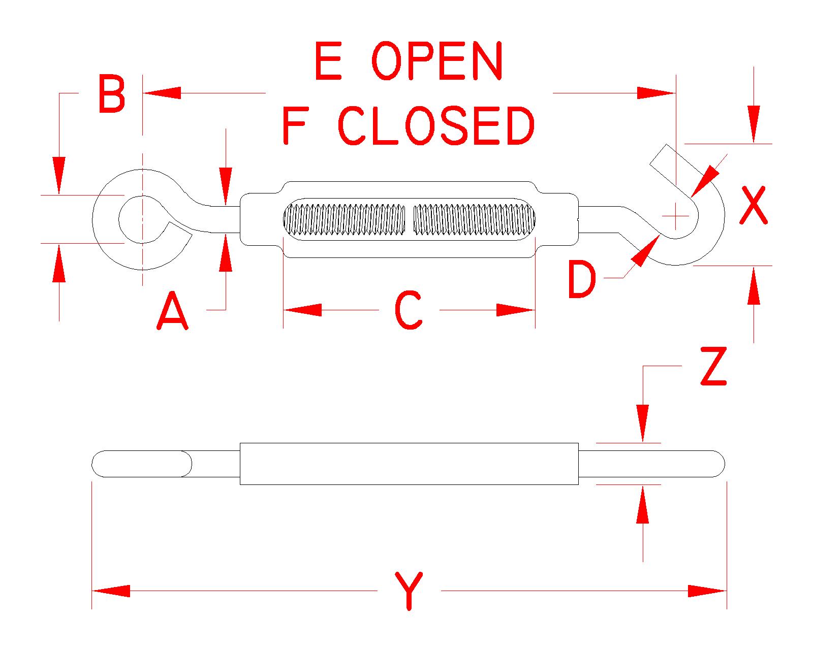 Aluminum and Stainless Steel Hook and Eye Turnbuckle, light duty, A0154-HE05-A, A0154-HE07-A, A0154-HE08-A, A0154-HE10-A, Line Drawing